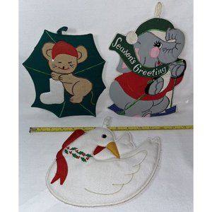Vintage Christmas Potholder Set of 3 Elephant Mouse Goose Some discoloration